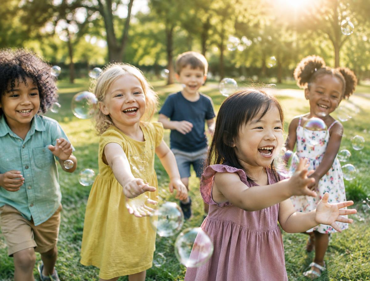 Crianças brincando com bolhas de sabão em um parque